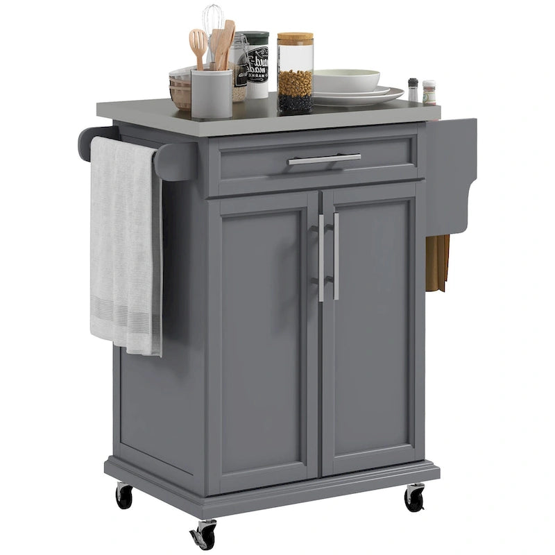 Îlot de cuisine sur roulettes, chariot de cuisine roulant avec comptoir en acier inoxydable, tiroir, porte-serviettes et porte-épices