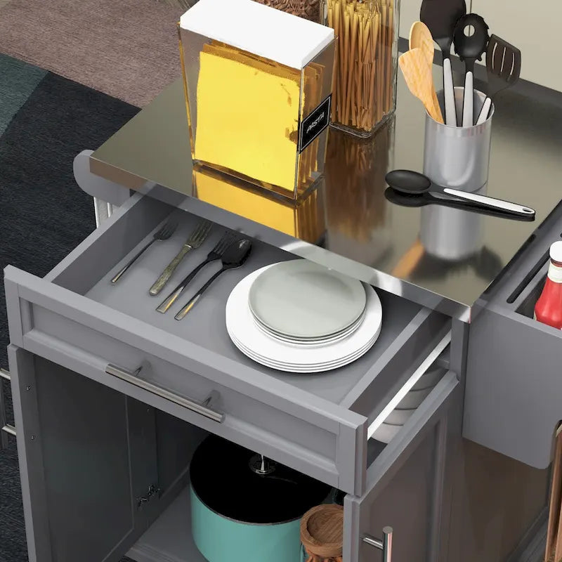 Îlot de cuisine sur roulettes, chariot de cuisine roulant avec comptoir en acier inoxydable, tiroir, porte-serviettes et porte-épices