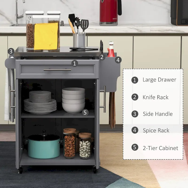 Îlot de cuisine sur roulettes, chariot de cuisine roulant avec comptoir en acier inoxydable, tiroir, porte-serviettes et porte-épices