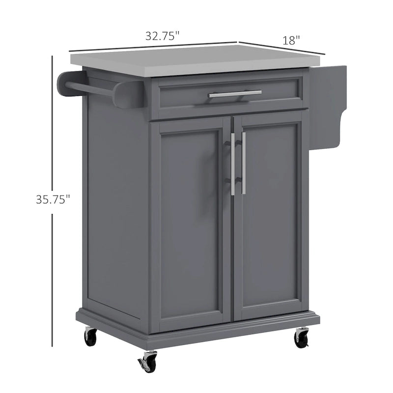 Îlot de cuisine sur roulettes, chariot de cuisine roulant avec comptoir en acier inoxydable, tiroir, porte-serviettes et porte-épices