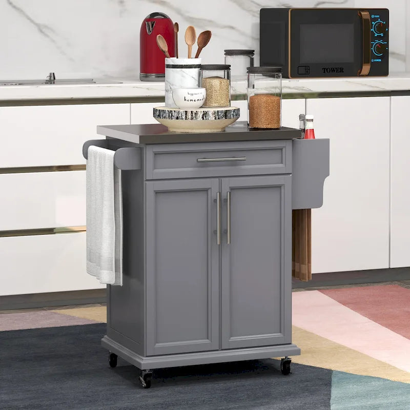 Îlot de cuisine sur roulettes, chariot de cuisine roulant avec comptoir en acier inoxydable, tiroir, porte-serviettes et porte-épices