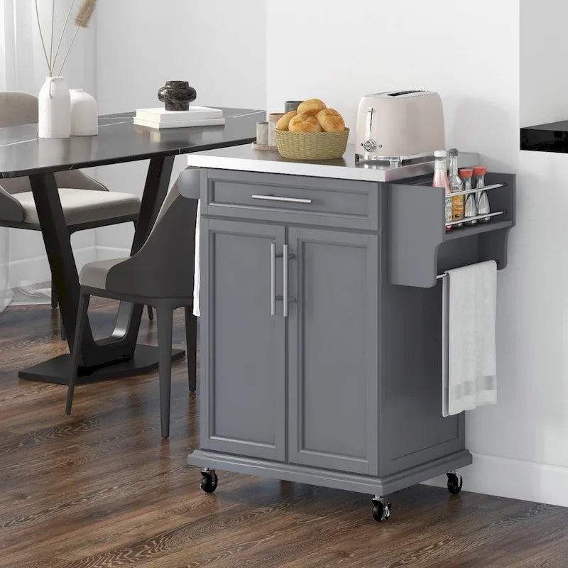 Îlot de cuisine sur roulettes, chariot de cuisine roulant avec comptoir en acier inoxydable, tiroir, porte-serviettes et porte-épices