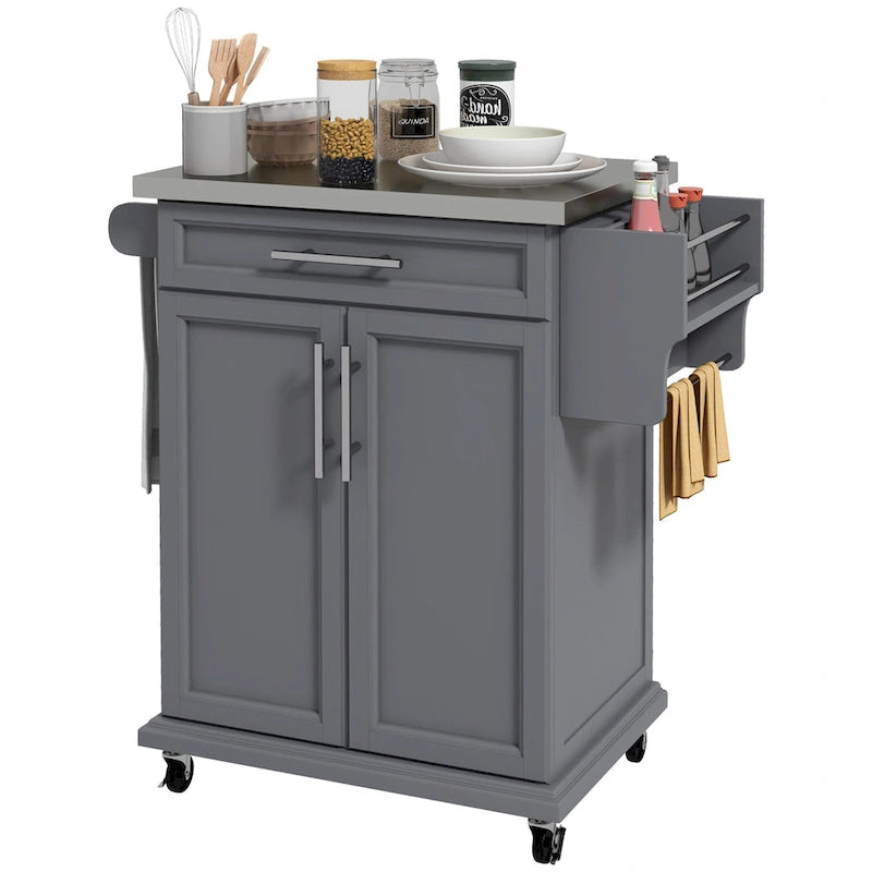 Îlot de cuisine sur roulettes, chariot de cuisine roulant avec comptoir en acier inoxydable, tiroir, porte-serviettes et porte-épices