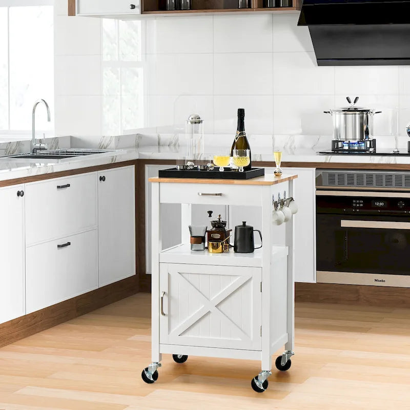 Petit îlot de cuisine sur roulettes avec porte coulissante type "grange"