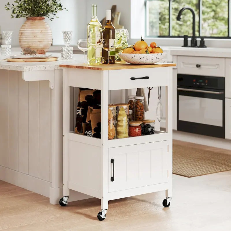 Petit îlot de cuisine sur roulettes avec porte coulissante type "grange"