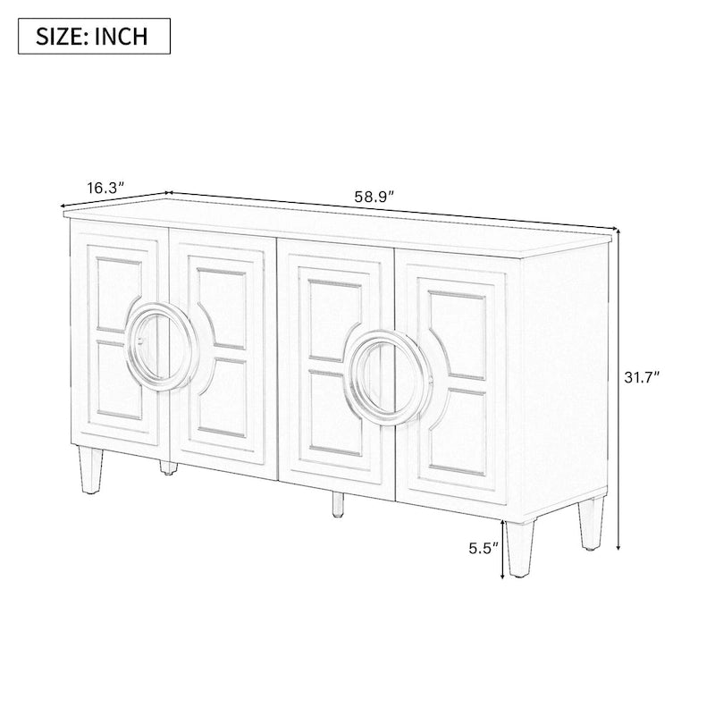 Console de 58,9 en MDF avec 4 portes, poignées en anneau et base à 5 pieds