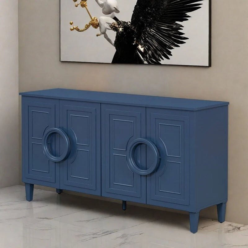 Console de 58,9 en MDF avec 4 portes, poignées en anneau et base à 5 pieds