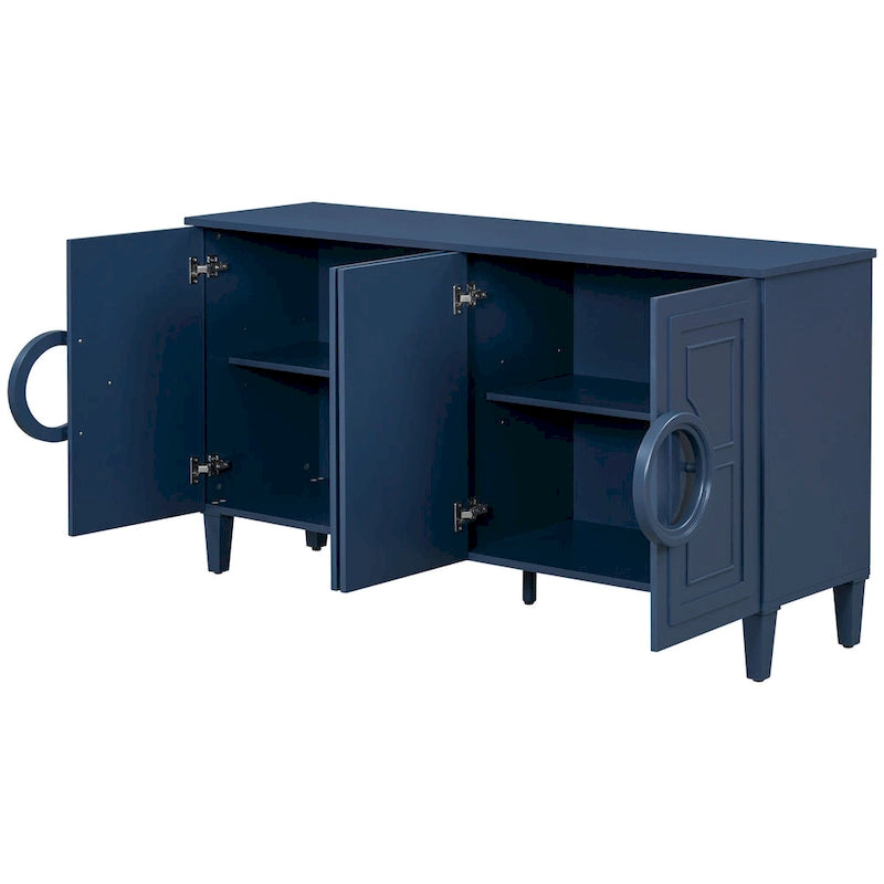 Console de 58,9 en MDF avec 4 portes, poignées en anneau et base à 5 pieds