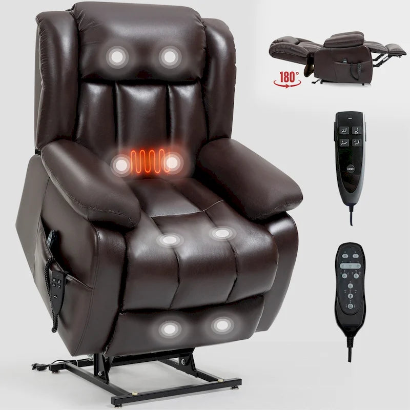 Fauteuil inclinable releveur électrique de taille moyenne en cuir véritable avec deux moteurs, massage 8 points et chauffage lombaire