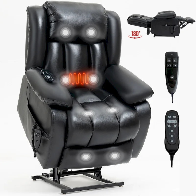 Fauteuil inclinable releveur électrique de taille moyenne en cuir véritable avec deux moteurs, massage 8 points et chauffage lombaire