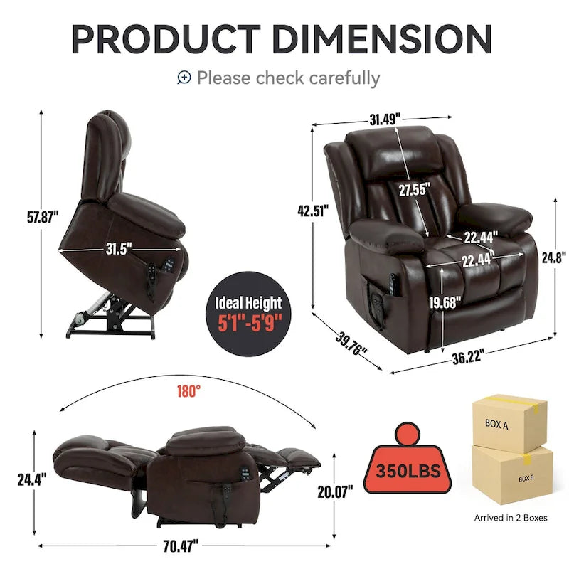 Fauteuil inclinable releveur électrique de taille moyenne en cuir véritable avec deux moteurs, massage 8 points et chauffage lombaire