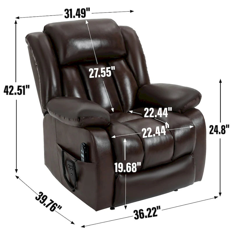 Fauteuil inclinable releveur électrique de taille moyenne en cuir véritable avec deux moteurs, massage 8 points et chauffage lombaire