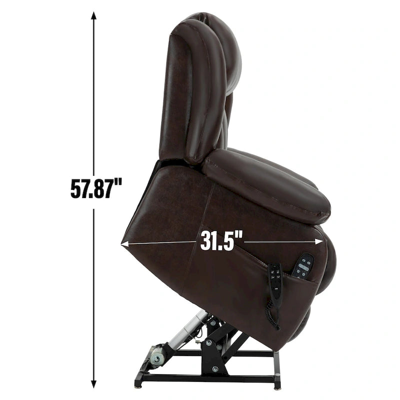 Fauteuil inclinable releveur électrique de taille moyenne en cuir véritable avec deux moteurs, massage 8 points et chauffage lombaire