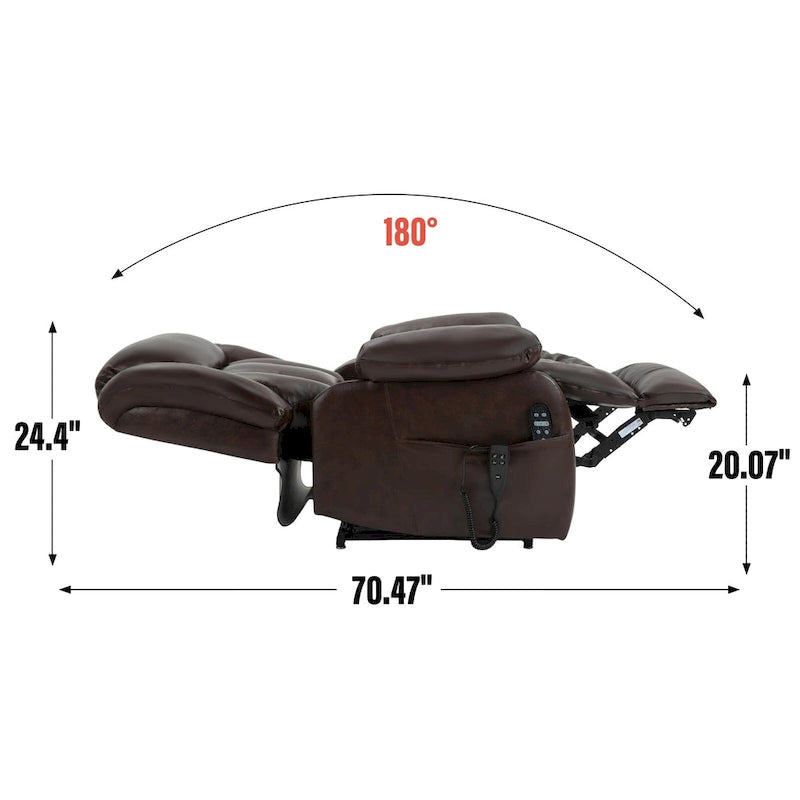 Fauteuil inclinable releveur électrique de taille moyenne en cuir véritable avec deux moteurs, massage 8 points et chauffage lombaire