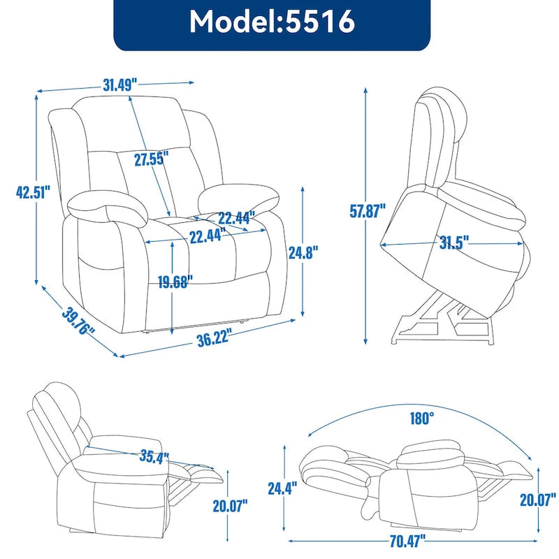 Fauteuil inclinable releveur électrique de taille moyenne en cuir véritable avec deux moteurs, massage 8 points et chauffage lombaire