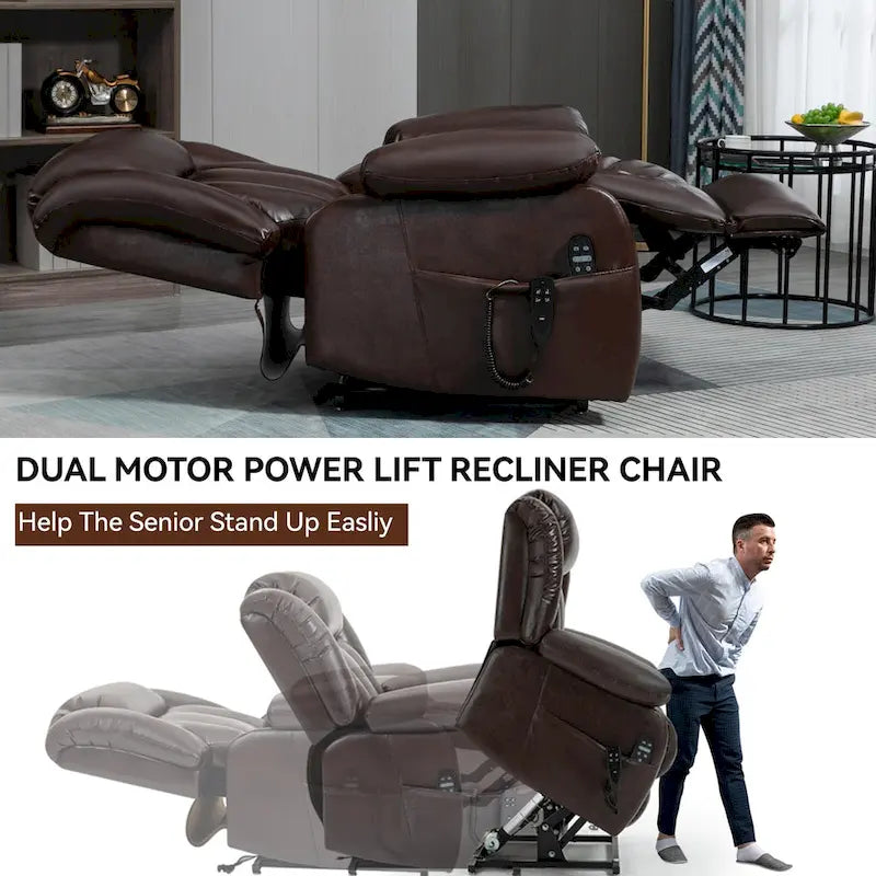 Fauteuil inclinable releveur électrique de taille moyenne en cuir véritable avec deux moteurs, massage 8 points et chauffage lombaire
