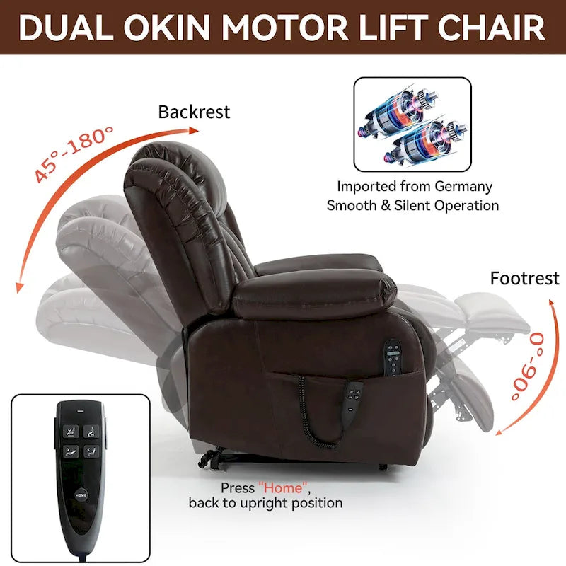 Fauteuil inclinable releveur électrique de taille moyenne en cuir véritable avec deux moteurs, massage 8 points et chauffage lombaire