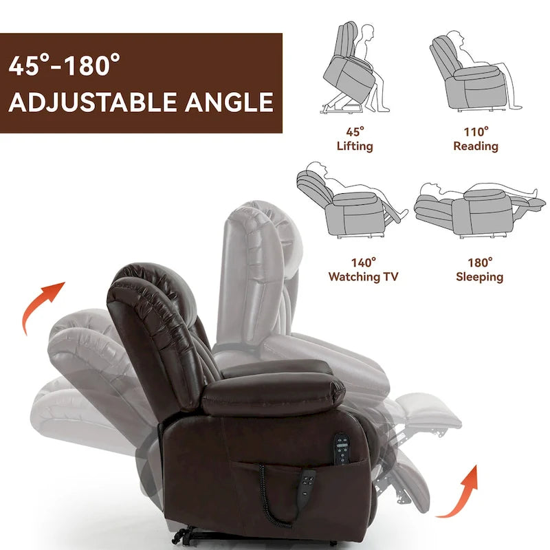 Fauteuil inclinable releveur électrique de taille moyenne en cuir véritable avec deux moteurs, massage 8 points et chauffage lombaire