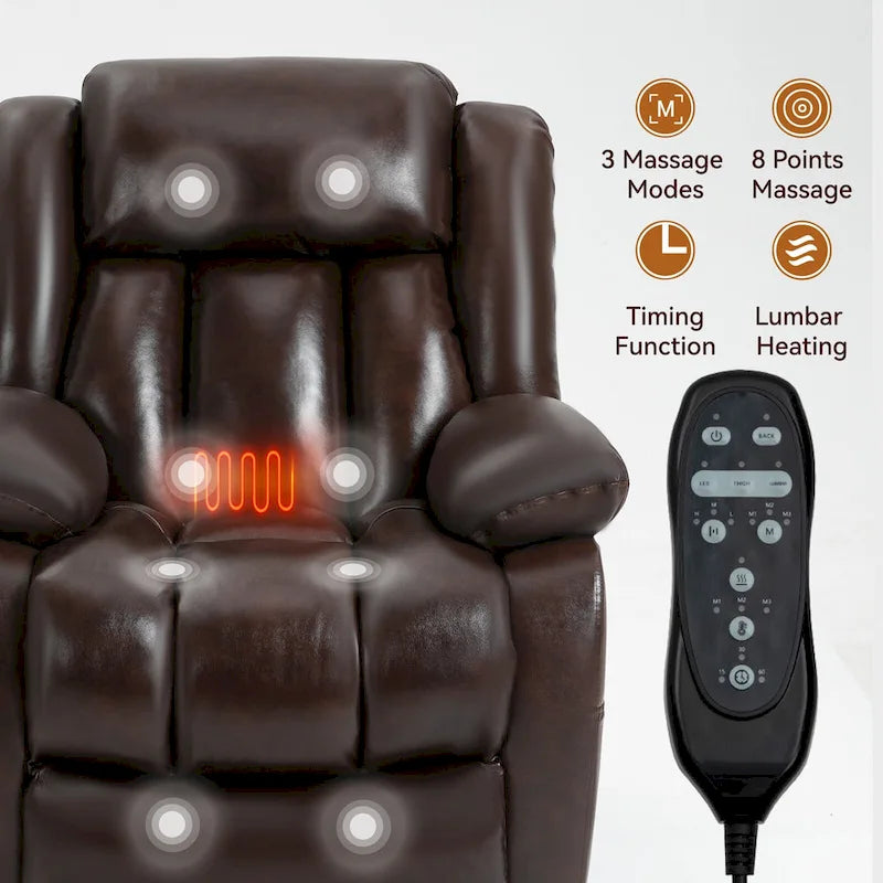 Fauteuil inclinable releveur électrique de taille moyenne en cuir véritable avec deux moteurs, massage 8 points et chauffage lombaire
