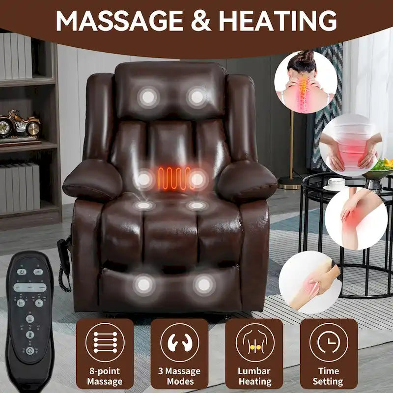 Fauteuil inclinable releveur électrique de taille moyenne en cuir véritable avec deux moteurs, massage 8 points et chauffage lombaire