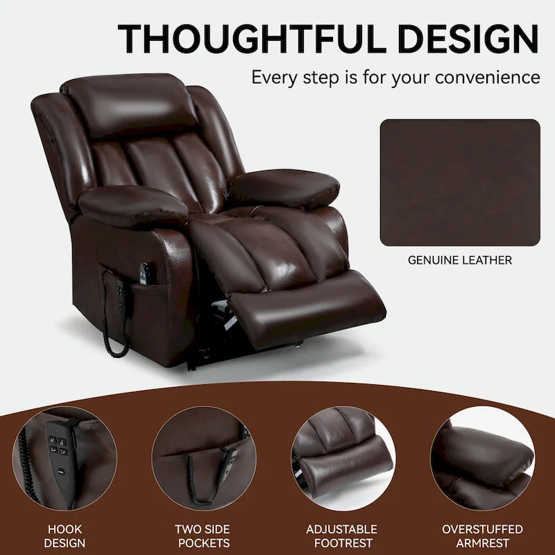 Fauteuil inclinable releveur électrique de taille moyenne en cuir véritable avec deux moteurs, massage 8 points et chauffage lombaire