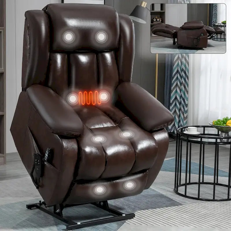 Fauteuil inclinable releveur électrique de taille moyenne en cuir véritable avec deux moteurs, massage 8 points et chauffage lombaire