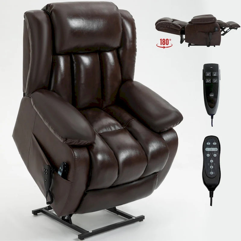 Fauteuil inclinable releveur électrique de taille moyenne en cuir véritable avec deux moteurs, massage 8 points et chauffage lombaire