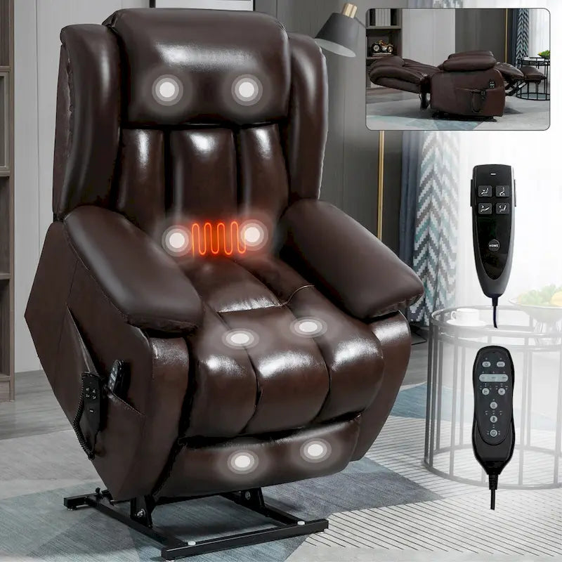 Fauteuil inclinable releveur électrique de taille moyenne en cuir véritable avec deux moteurs, massage 8 points et chauffage lombaire