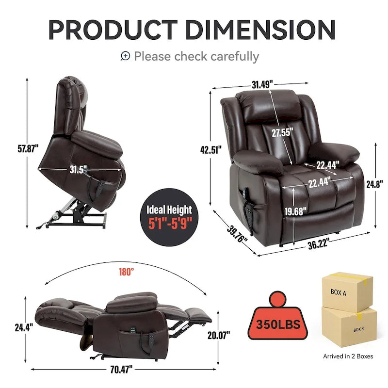 Fauteuil inclinable releveur électrique de taille moyenne en cuir véritable avec deux moteurs, massage 8 points et chauffage lombaire