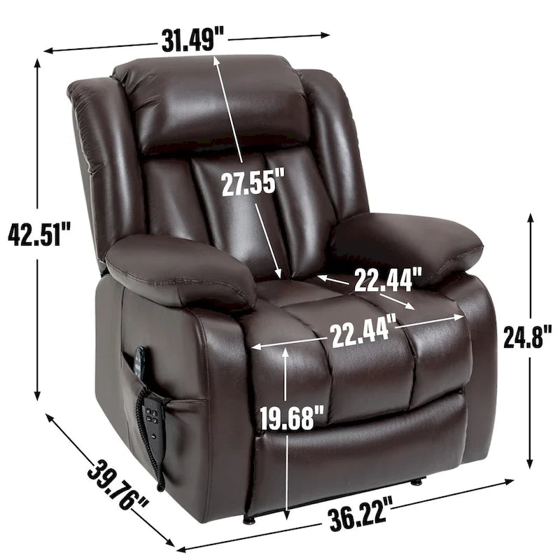 Fauteuil inclinable releveur électrique de taille moyenne en cuir véritable avec deux moteurs, massage 8 points et chauffage lombaire