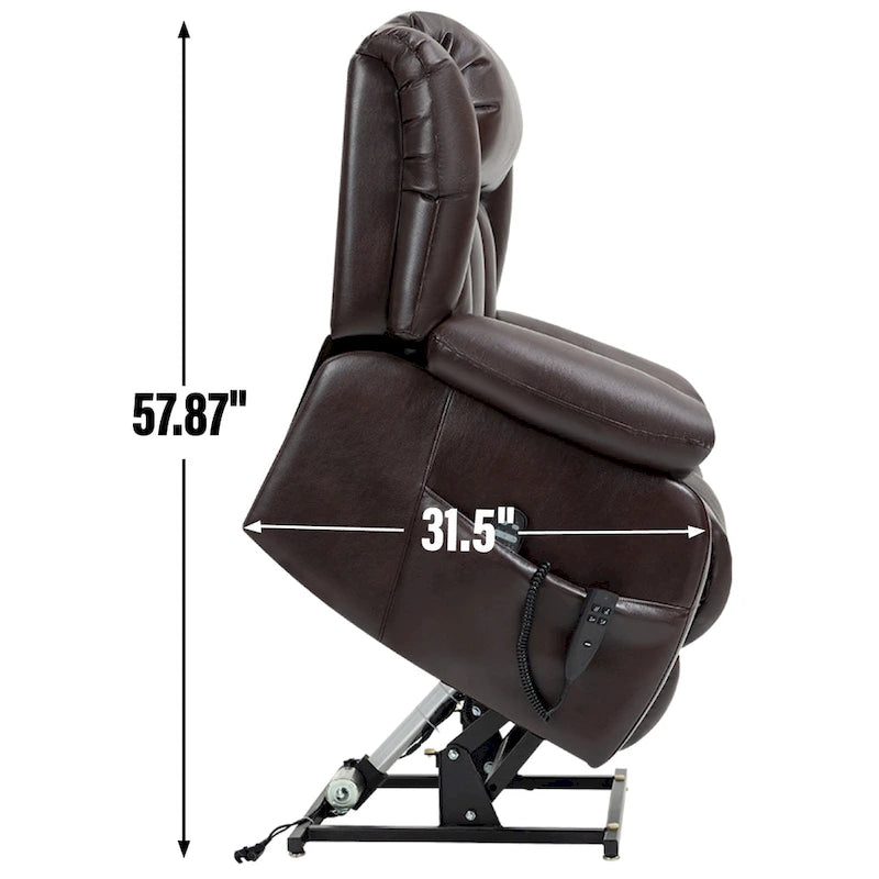 Fauteuil inclinable releveur électrique de taille moyenne en cuir véritable avec deux moteurs, massage 8 points et chauffage lombaire