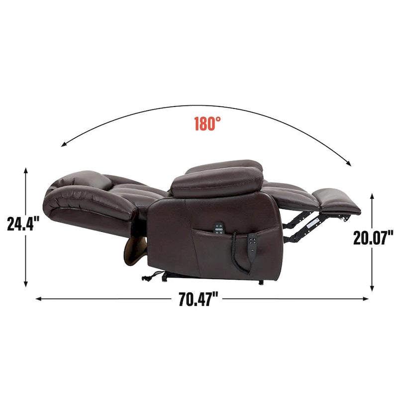 Fauteuil inclinable releveur électrique de taille moyenne en cuir véritable avec deux moteurs, massage 8 points et chauffage lombaire