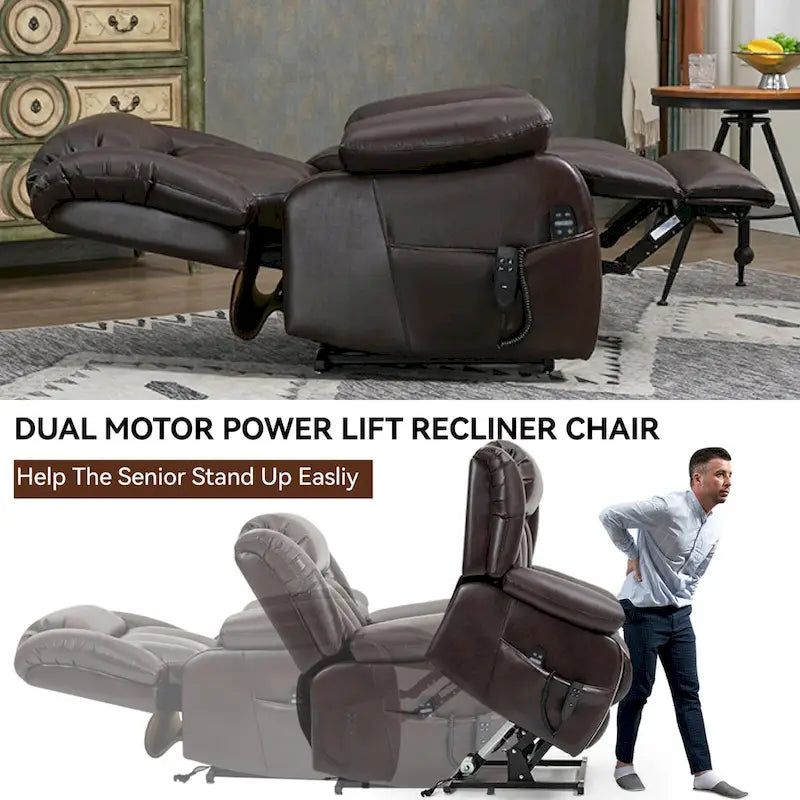 Fauteuil inclinable releveur électrique de taille moyenne en cuir véritable avec deux moteurs, massage 8 points et chauffage lombaire