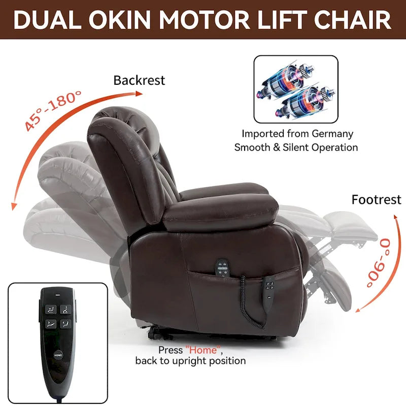 Fauteuil inclinable releveur électrique de taille moyenne en cuir véritable avec deux moteurs, massage 8 points et chauffage lombaire