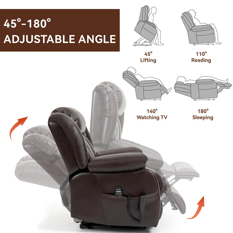 Fauteuil inclinable releveur électrique de taille moyenne en cuir véritable avec deux moteurs, massage 8 points et chauffage lombaire