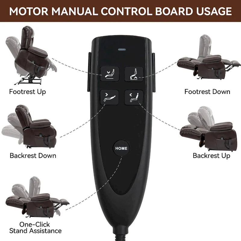 Fauteuil inclinable releveur électrique de taille moyenne en cuir véritable avec deux moteurs, massage 8 points et chauffage lombaire