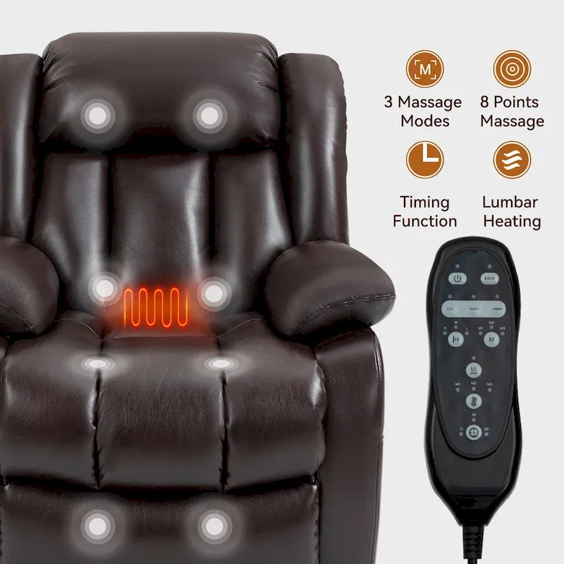 Fauteuil inclinable releveur électrique de taille moyenne en cuir véritable avec deux moteurs, massage 8 points et chauffage lombaire