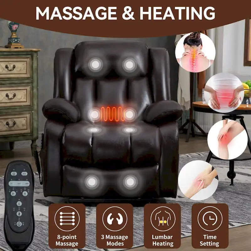 Fauteuil inclinable releveur électrique de taille moyenne en cuir véritable avec deux moteurs, massage 8 points et chauffage lombaire