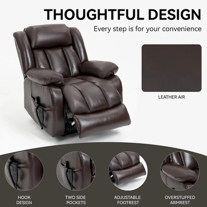 Fauteuil inclinable releveur électrique de taille moyenne en cuir véritable avec deux moteurs, massage 8 points et chauffage lombaire