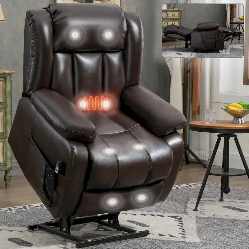 Fauteuil inclinable releveur électrique de taille moyenne en cuir véritable avec deux moteurs, massage 8 points et chauffage lombaire