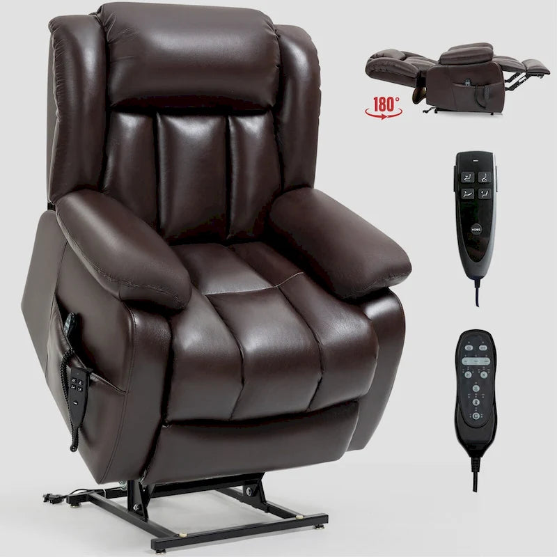 Fauteuil inclinable releveur électrique de taille moyenne en cuir véritable avec deux moteurs, massage 8 points et chauffage lombaire