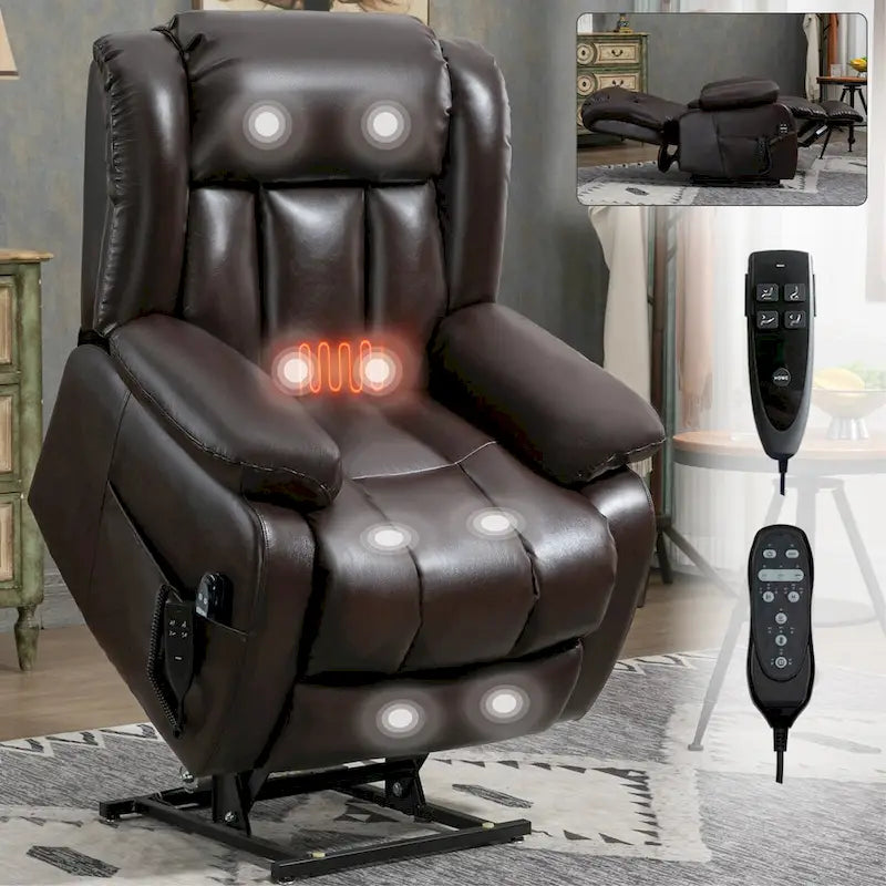 Fauteuil inclinable releveur électrique de taille moyenne en cuir véritable avec deux moteurs, massage 8 points et chauffage lombaire