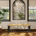 Banc Moderne Ferme en Rotin et Bois Massif - 150 cm Banc Intérieur et Extérieur Couvert Design Multifonctionnel