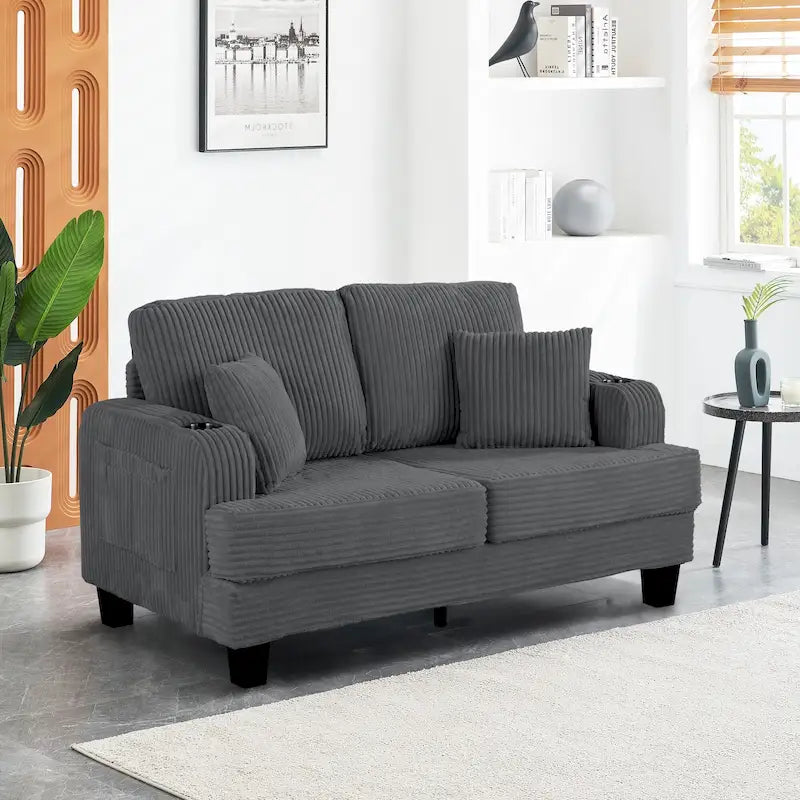 Canapé Loveseat Contemporain en Corduroy de 61 po avec 2 Coussins et Porte-gobelet