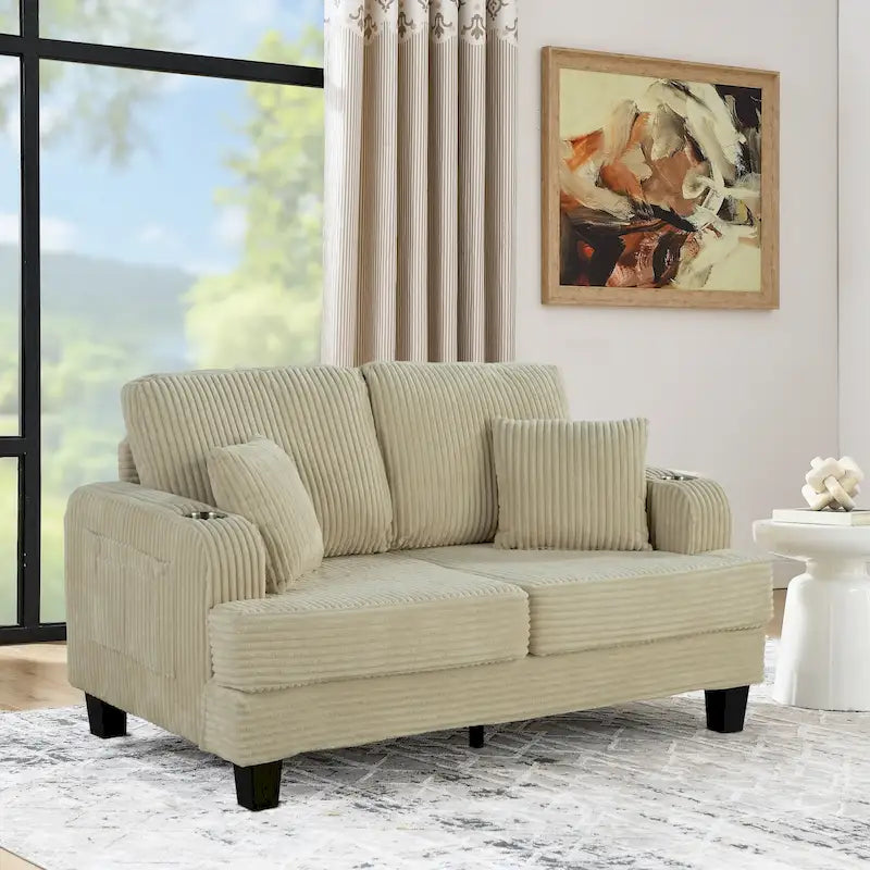 Canapé Loveseat Contemporain en Corduroy de 61 po avec 2 Coussins et Porte-gobelet
