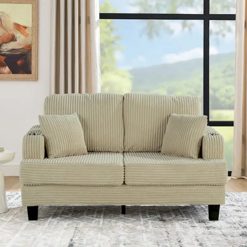 Canapé Loveseat Contemporain en Corduroy de 61 po avec 2 Coussins et Porte-gobelet