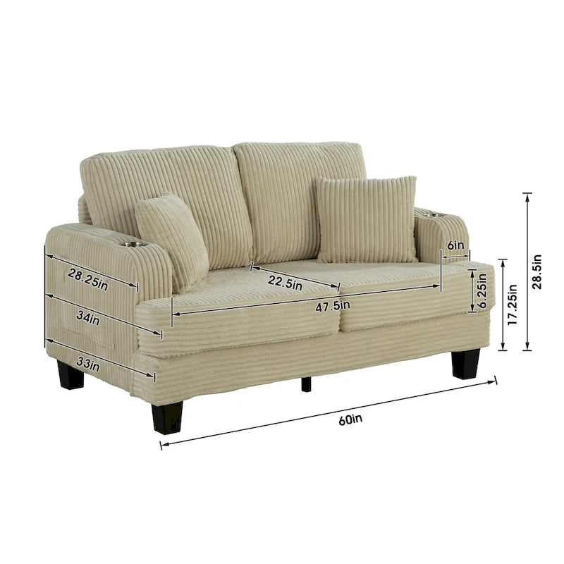 Canapé Loveseat Contemporain en Corduroy de 61 po avec 2 Coussins et Porte-gobelet