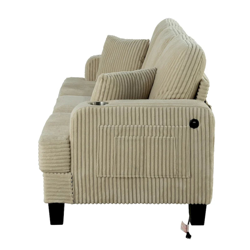 Canapé Loveseat Contemporain en Corduroy de 61 po avec 2 Coussins et Porte-gobelet