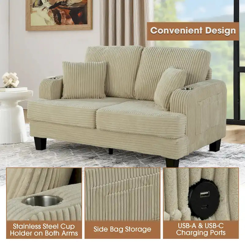 Canapé Loveseat Contemporain en Corduroy de 61 po avec 2 Coussins et Porte-gobelet