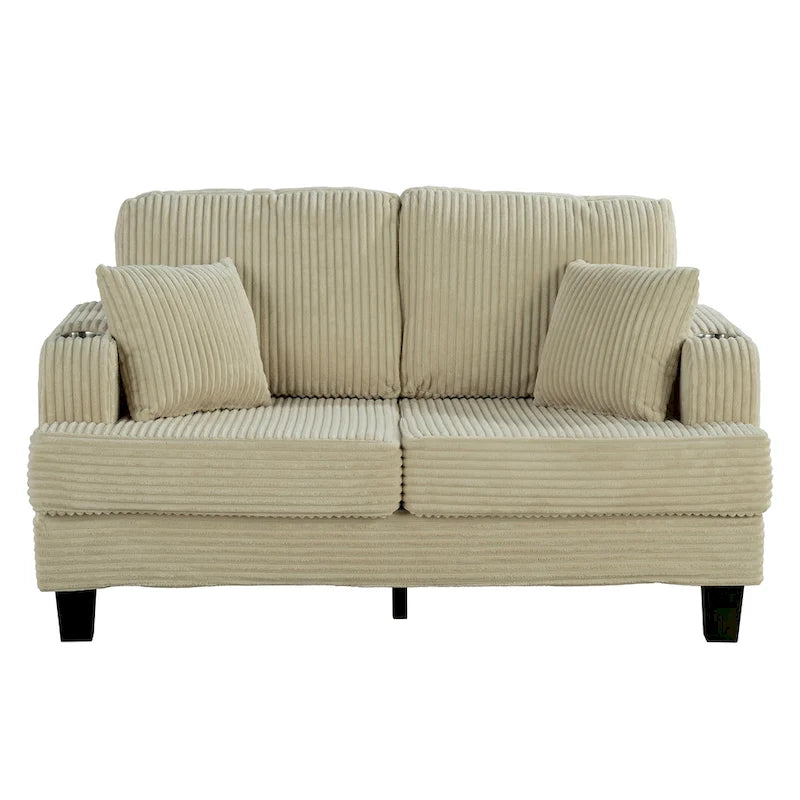 Canapé Loveseat Contemporain en Corduroy de 61 po avec 2 Coussins et Porte-gobelet